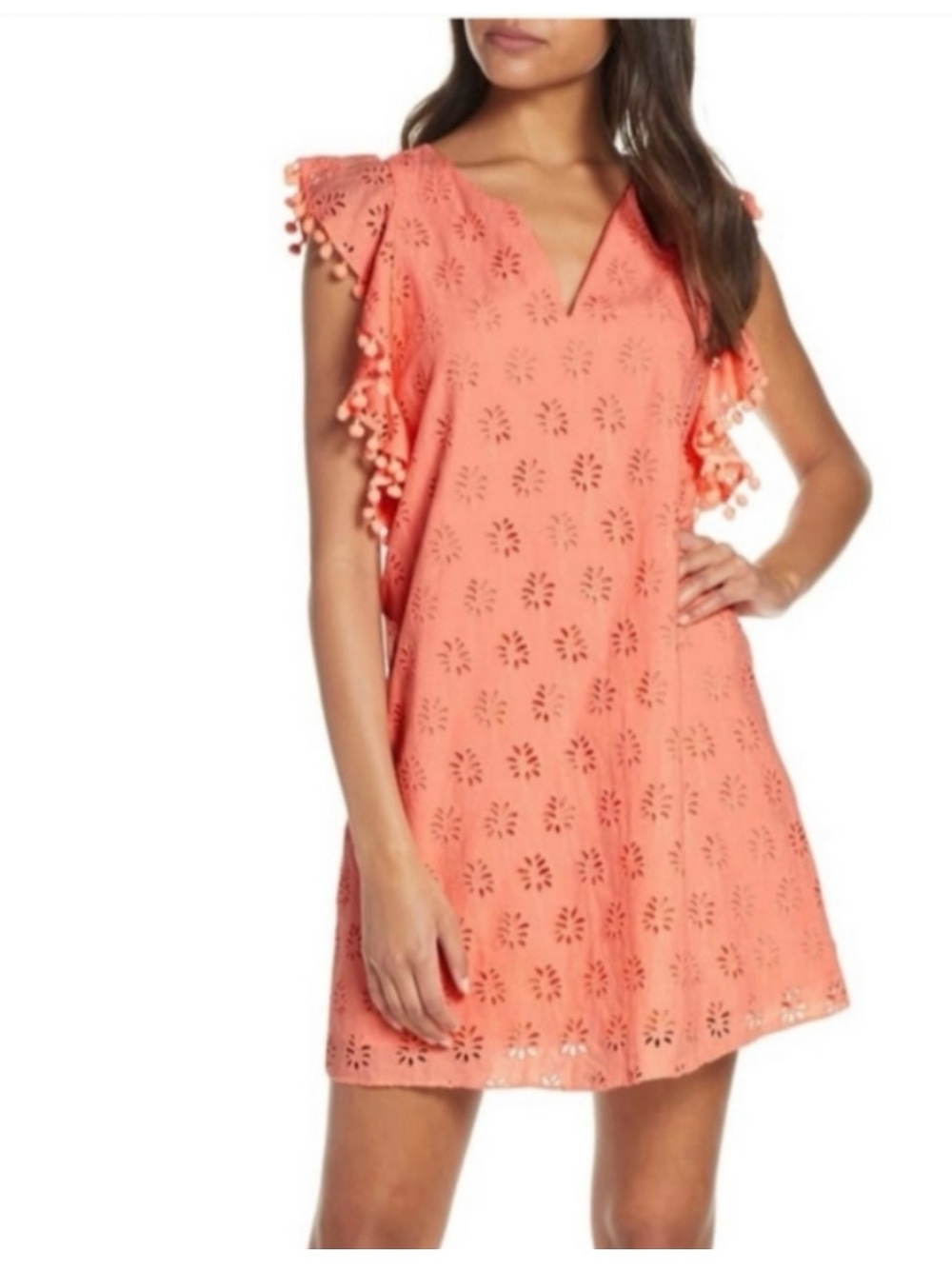 Lilly Pulitzer Coral Eyelet Pom-Pom Shift Dress size XXS